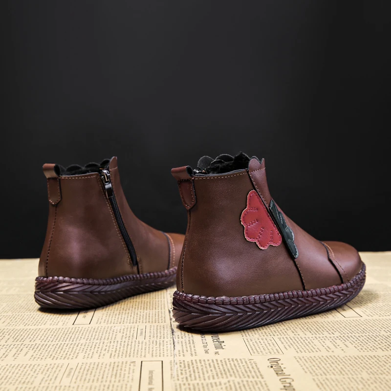 2023 Winter Women Genuine Leather Ankle Boots Handmade Lady Soft Flat Shoes Comfortable Casual Moccasins Side Zip Ankle Boots