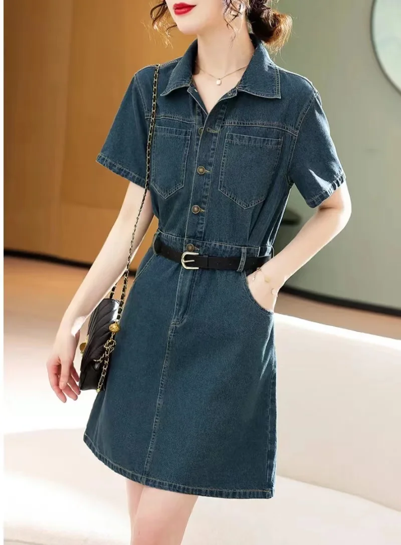 

Женское джинсовое платье с короткими рукавами, повседневное прямое тонкое Хлопковое платье в Корейском стиле с отложным воротником и карманами, модель X7823 на лето, 2023