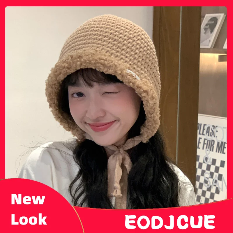 

Новинка 2023, Вязаная Шапка-бини ручной работы, Женская осенне-зимняя теплая шапка для защиты ушей, ветрозащитная велосипедная трикотажная ша...