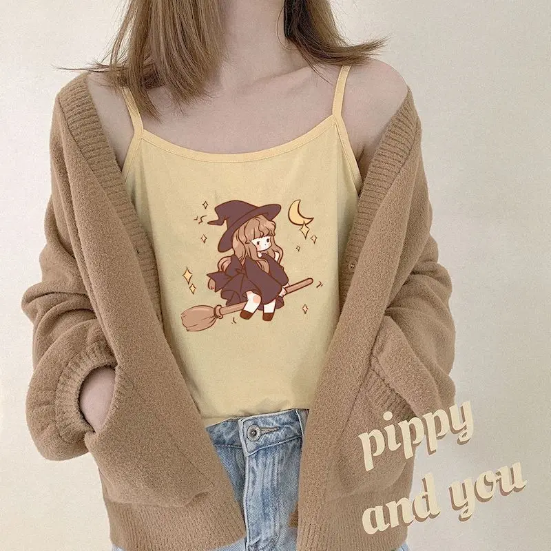 Japanese Camis Tops Soft Girl Sweet Cute Magical Print Self-cultivation ide Outside Vest Crop Top T Shirt top women | Женская одежда