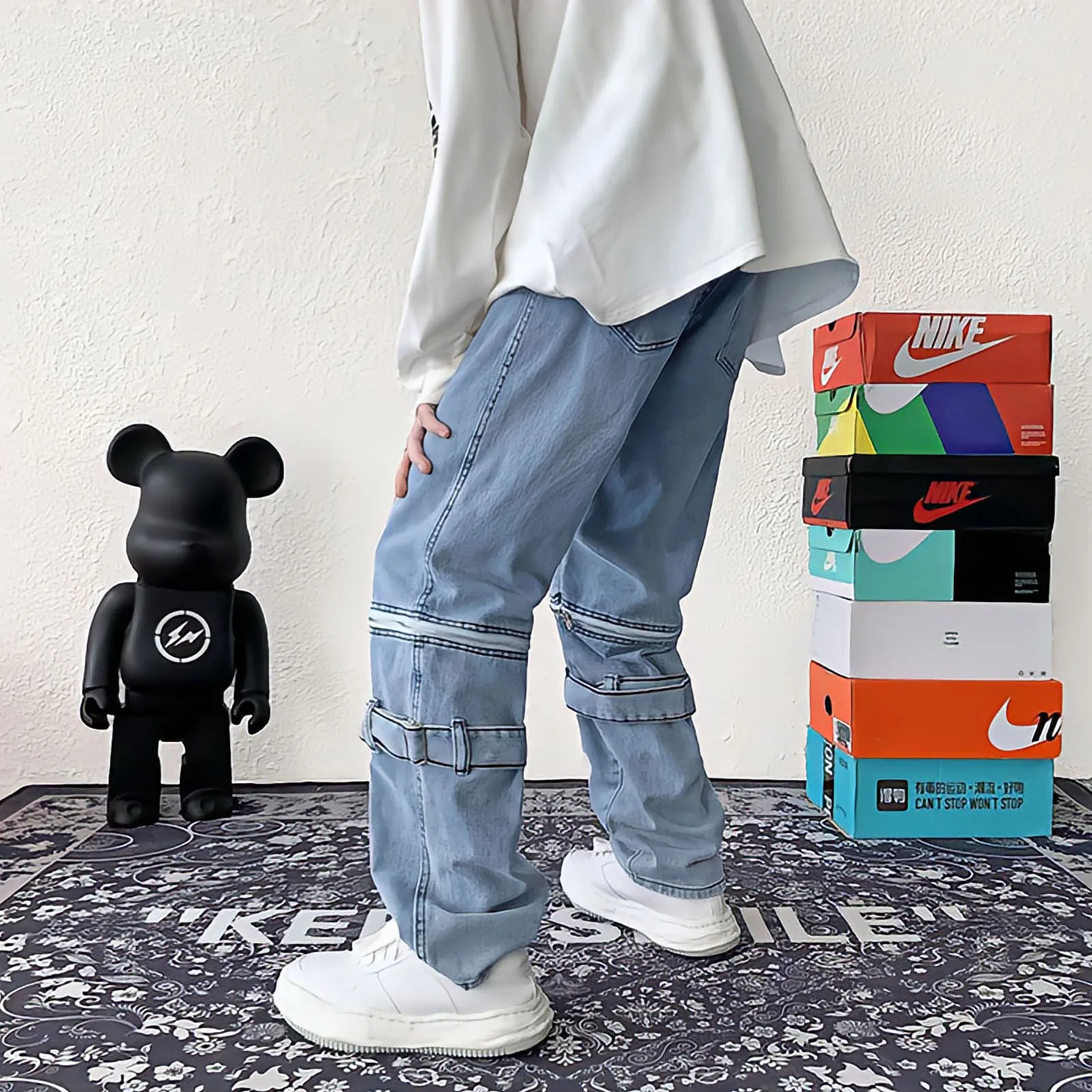 Blue Jeans Man Harajuku Style Detachable Zipper Baggy Straight Cargo Pants Korean Streetwear Hip Hop Punk Wide Leg Trousers