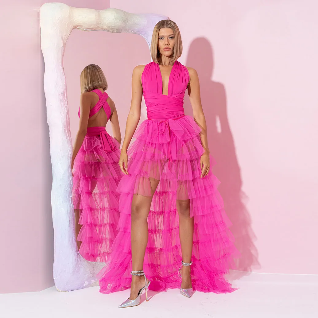 Trendy Pink Prom Gowns Tiered Asymmetrical Lush vestido de festa Chic Long Party Dresses Tulle High Low Custom Made