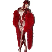 red nude rhinestones sexy fashion show women jumpsuit lace gauze coat stage costume evening banquet drag queen festival outfits