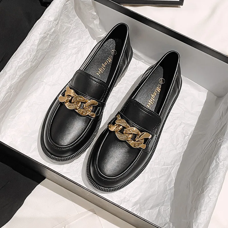 

Женские маленькие туфли на толстой подошве, черные кожаные туфли в британском стиле на высоком каблуке, на весну и осень