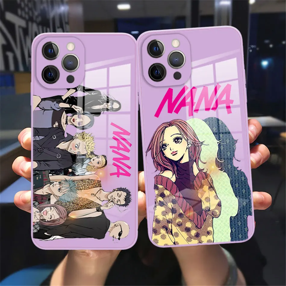 

Cute Anime NaNa osaki Phone Case For iPhone 11 12 13 14 Pro Max X XR XS MAX X 8 7 14PLUS purple Tempered Glass reflective case