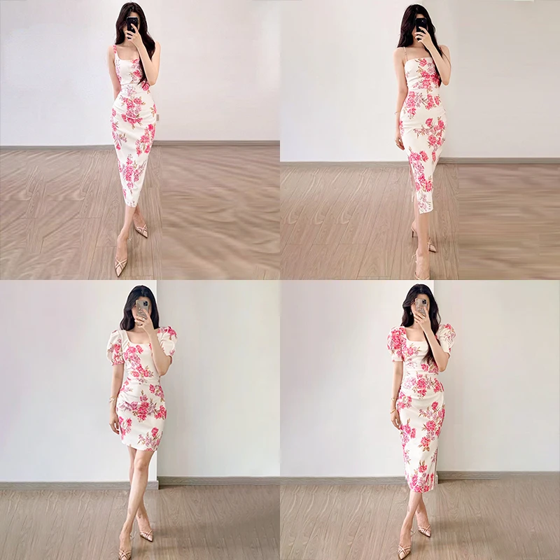 Women Flower Print Slim midi dress Waistline Pleated lady Dress 2022 Summer New