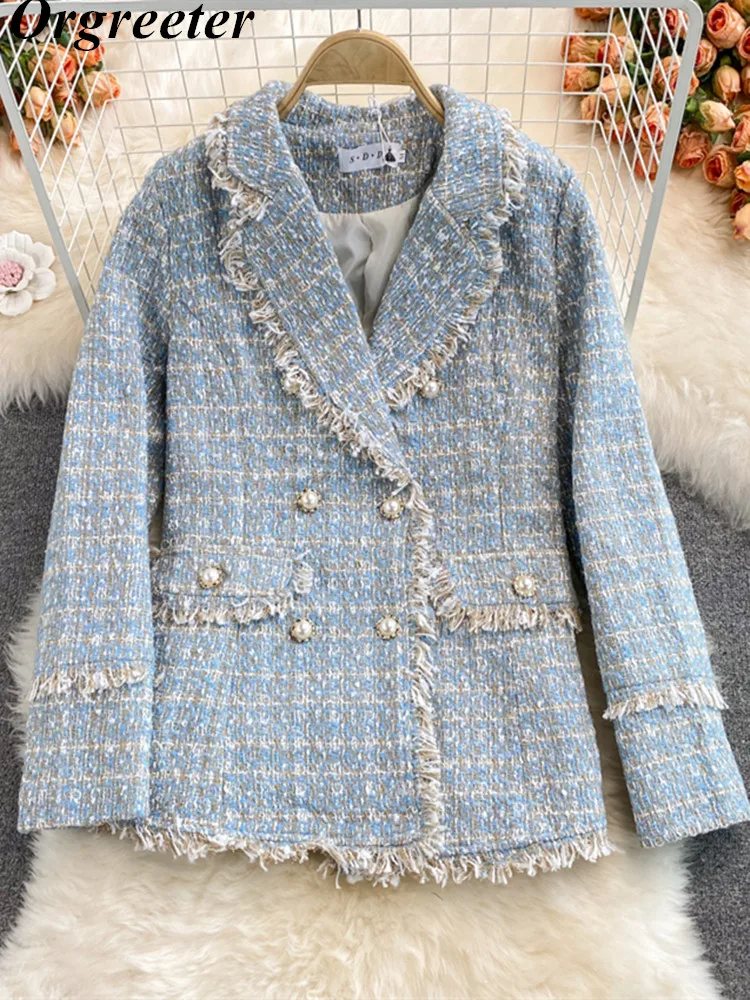 

High Quality Plaid Tweed Jackets Women Vintage Notched Collar Double Breasted Winter Blazer Outwear Long Sleeve Tassel Coat