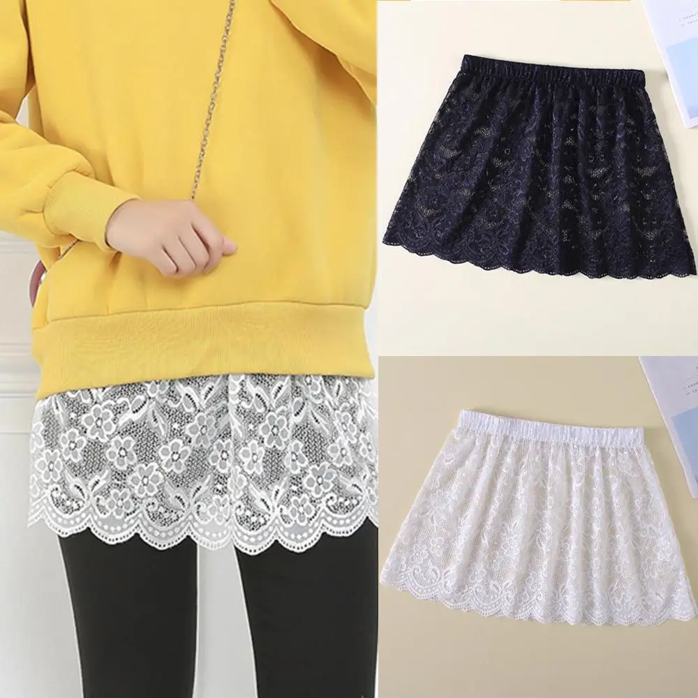 

Women Eyelash Floral Lace Shirt Extender Adjustable Layered Faux Top Hem Lower Sweep Mini Skirt Half Slip Splitting Underskirt