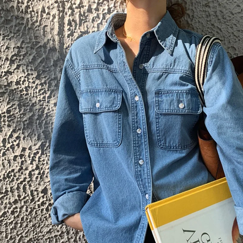 

Women's Denim T-shirt Spring Autumn New Versatile Long Sleeve Blouses Thin Denim Top Fashion Casual Retro Blue Shirt Streetwear