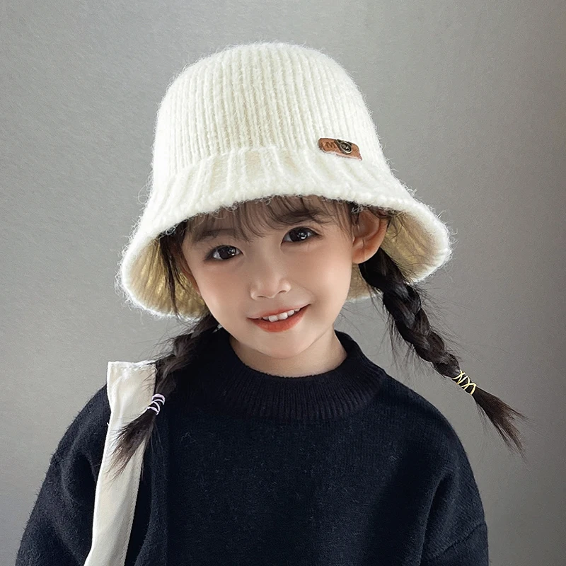 

Winter Children Knitted Bucket Hat Simple Solid Color Crochet Stripes Bob Panama Cap Korean Version Girl Autumn Warm Decorative