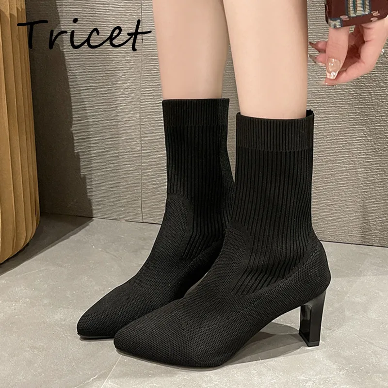 

Женские эластичные вязаные туфли-носки на высоком каблуке, модная Мягкая сетчатая обувь для женщин, осенне-зимние женские короткие сапоги, ...
