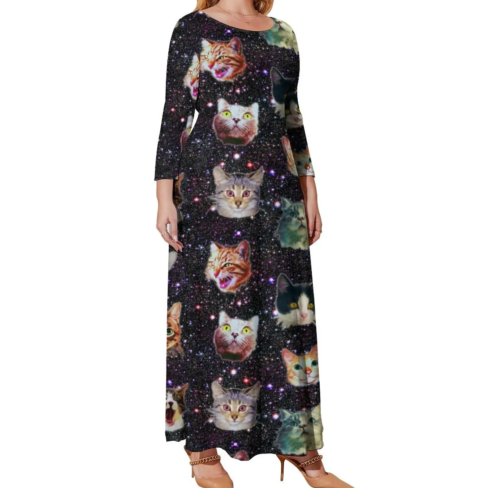 Cats in Outer Space Dress Funny Galaxy Print Vintage Maxi Dress Street Fashion Bohemia Long Dresses Graphic Vestido Plus Size