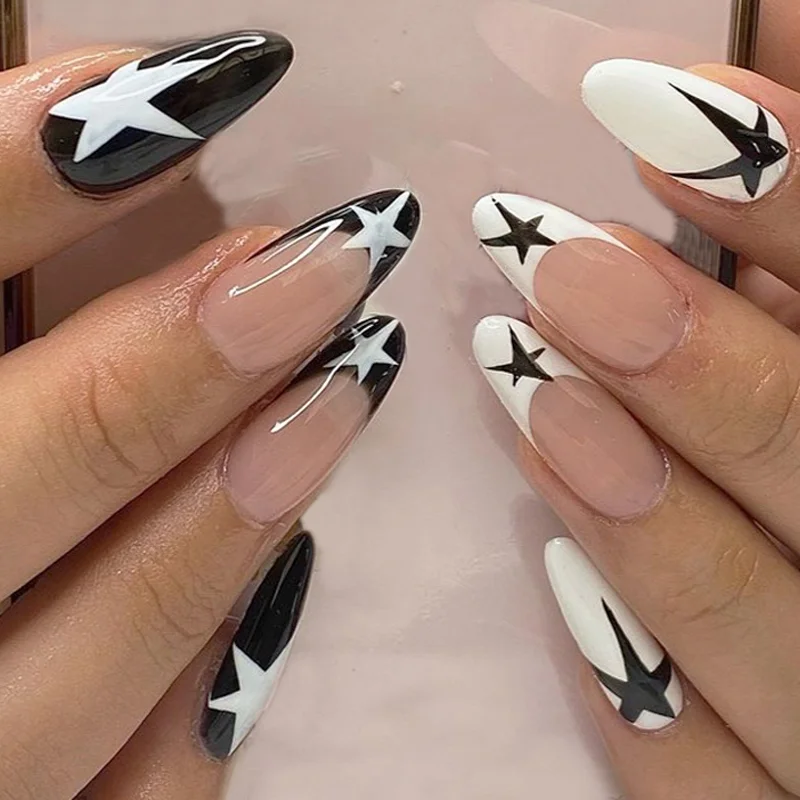 

24pcs/box French Fake Nails Y2K Stars Designs Nail Art Full Cover Press on Long Stiletto Square Almond Shape Wearable False Nail