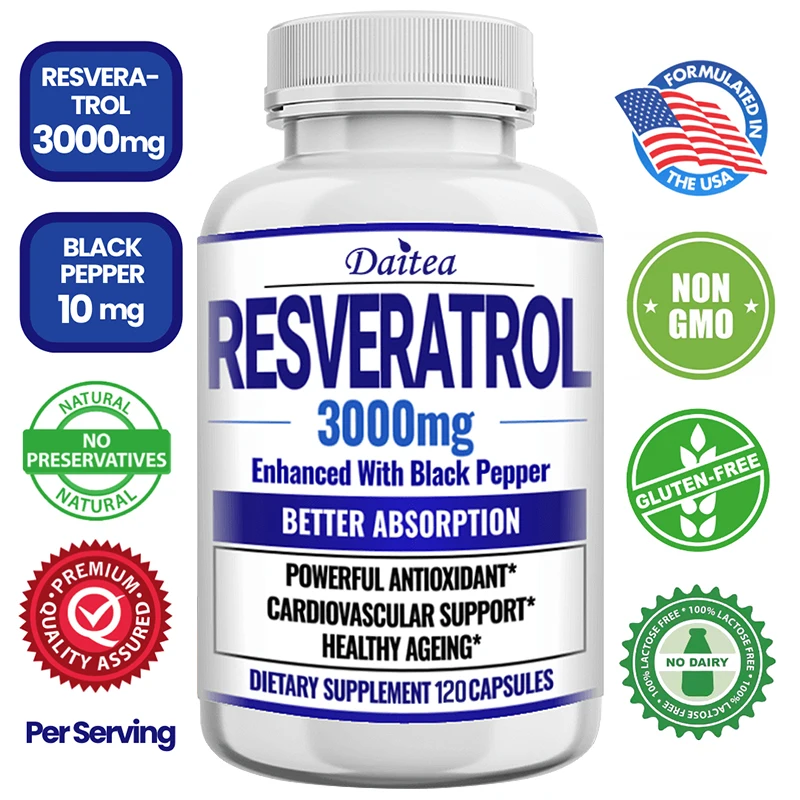 

Resveratrol Supplement - Supports Cardiovascular, Liver and Immune System Health, Antioxidant, Improves Skin and Hair Health