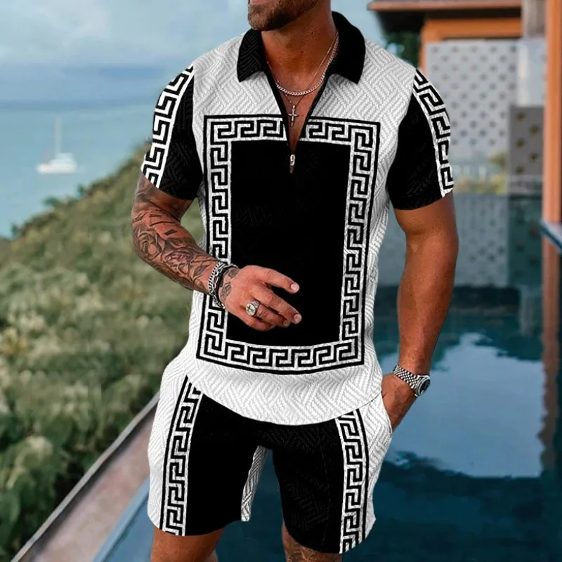 2023 New Men's Polo Suit Printed Lapel Zipper Short Sleeve and Drawstring Shorts 2-Piece Fashion Casual Sports Suit
