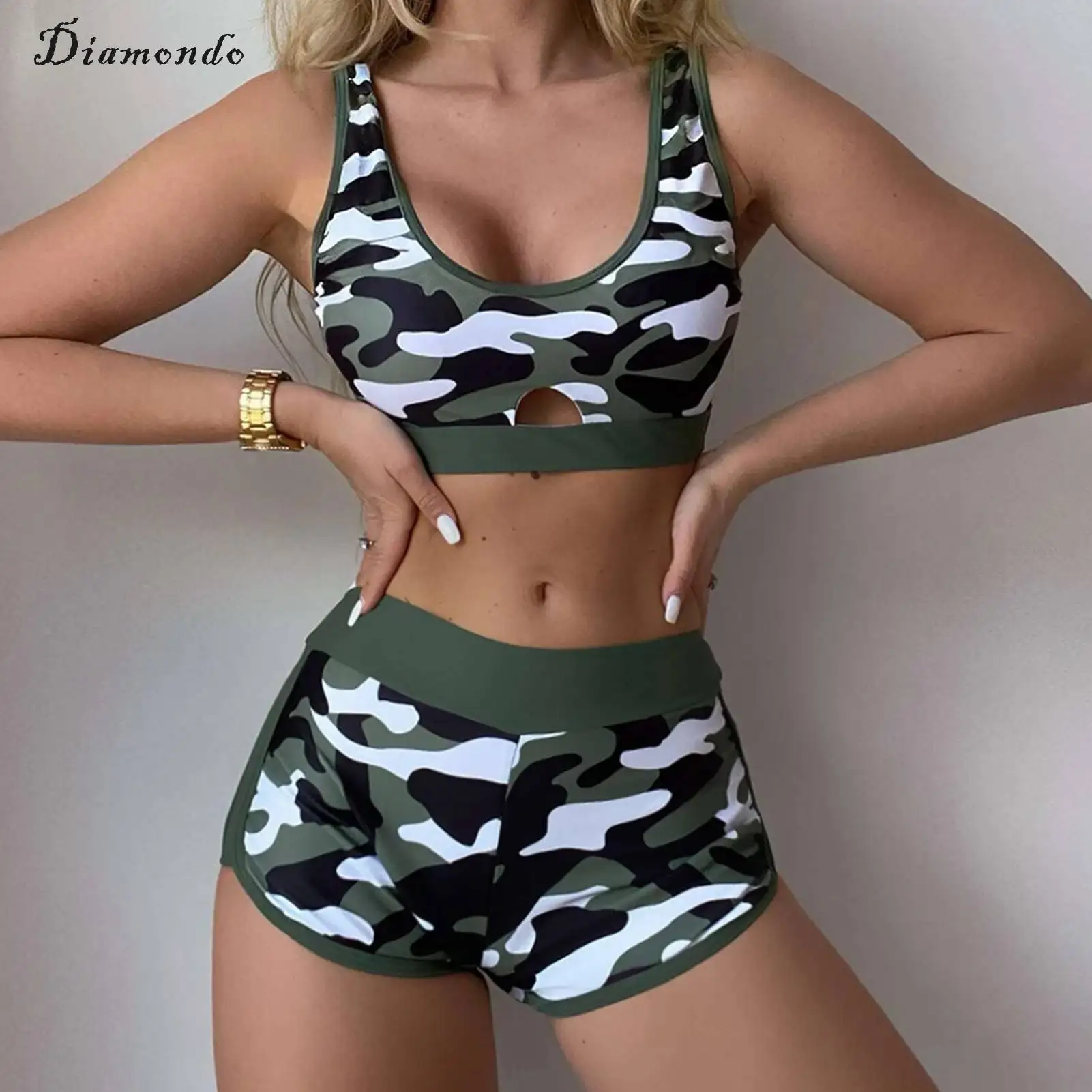 

Women Bathing Suits Cut Out Camo Print Sexy Bikinis Set High Waisted Shorts 2 Piece Tank Top Backless Swimming Suit