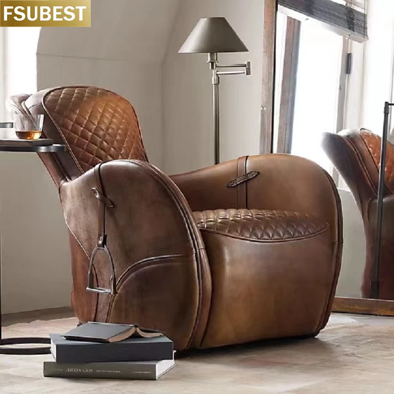 Study Single Rest Sofa Chair Oil Wax Cowhide Recliner American Vintage Cigar Chair Sofa De Canto