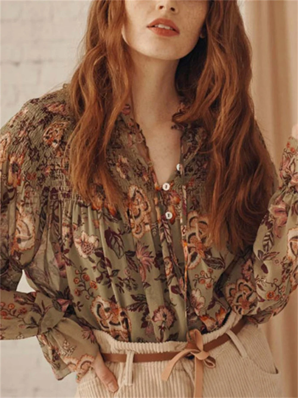 

Женская однобортная рубашка, Элегантная блузка с длинным рукавом-фонариком, оборками и цветочным принтом, с круглым вырезом, весна 2023