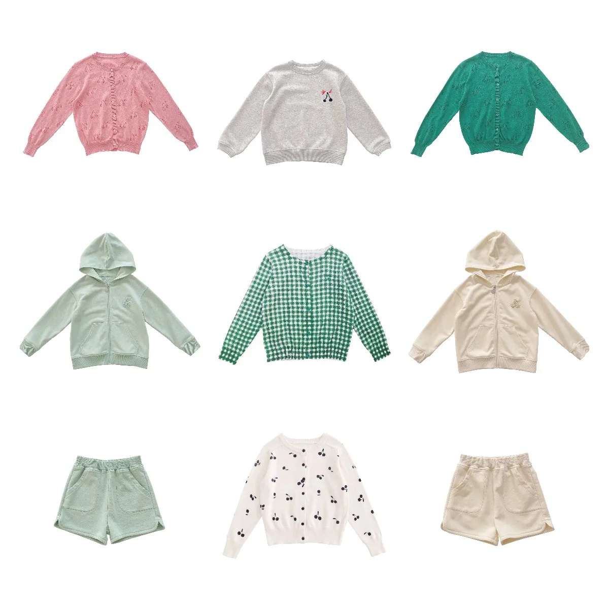 

In Stock Children's Sweater 2022 Spring New Girls Cotton Green Plaid Cardigan Round Neck Sweatshirt Shorts Suit
