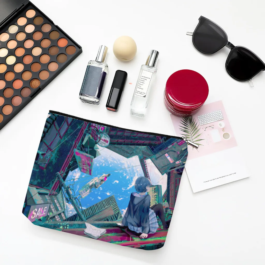 

Folding City Linen Women Cosmetic Bag Illustration Makeup Pouch Lady Tote Purse Travel Organizer Case
