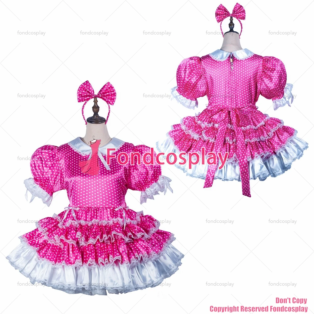 

tailor-made sexy adult dressing cross maid sissy hot pink dots satin dress lockable uniform peter pan collar tv/cd[g2423]