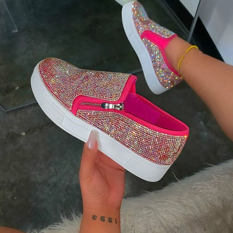 

Women Crystal Loafers Bling Platform Zip Sneakers Vulcanized Spring Autumn Flats Walking Shoes Women's Bling Big Size Footwear