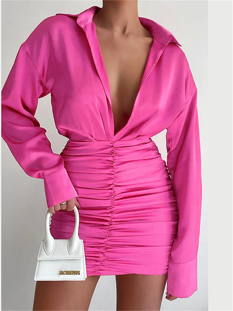 

Sexy Pleated Bodycon Shirt Mini Dress Women 2022 Office Lady Casual Women's Tops Turn-down Collar Vestidos Summer Tunic