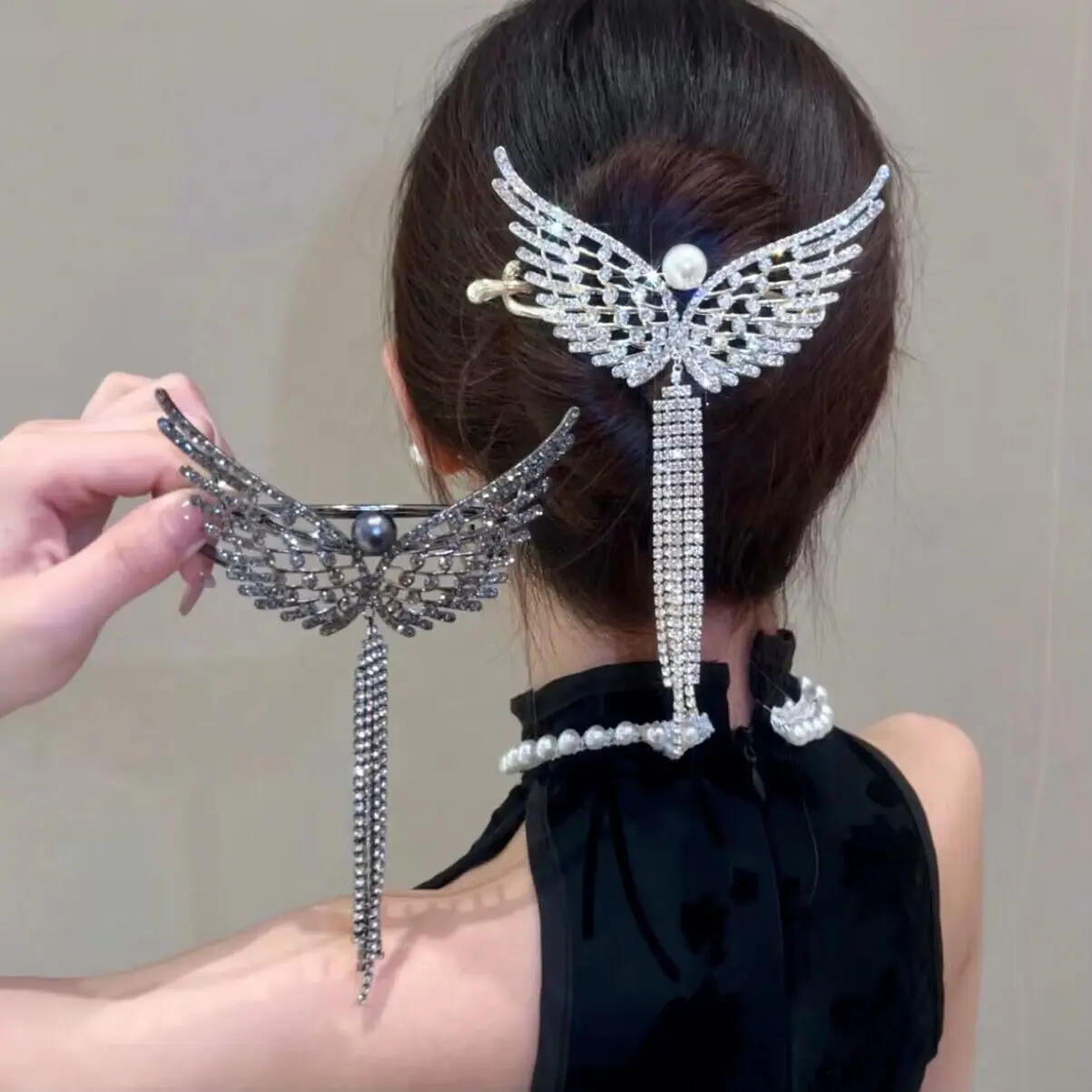 

Vintage New Rhinestone Angel Wings Tassel Hairpin High Horsetail Pan Hair Clasp Clip Women's 2023 Korean Elegant Headwear