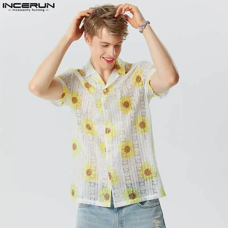 

2023 Men Shirt Mesh Flower Print Lapel Short Sleeve Transparent Camisas Streetwear Summer Vacation Hawaiian Shirts S-5XL INCERUN