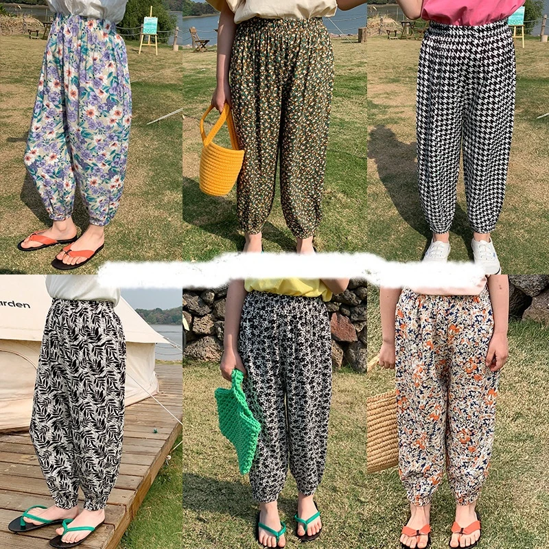 

Children's Cotton Trousers Spring and Summer Thin Girls Bloomers Baby Harem Pants Floral Printed Young Students Mosquito Pants