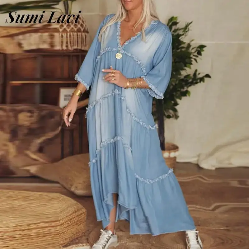 

Женское джинсовое платье с V-образным вырезом, длинным рукавом и кисточками