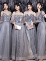 gray spaghetti strap off the shoulder women appliques bridesmaid dress fashion lantern short sleeve starry lace up dress