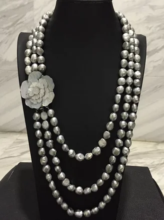 

HandNEW v3rows knotted Autumn winter essential 8-9mm Natural gray freshwater pearl necklace 17-20inches
