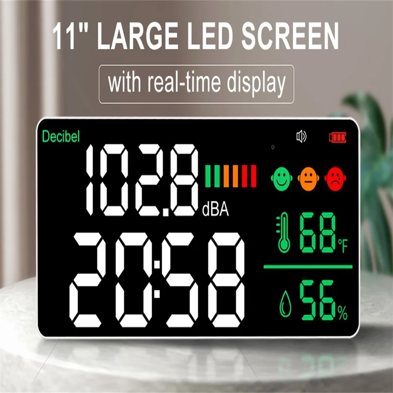 Wall-mounted Noise Detector LED Temperature Humidity Display USB Charging Detector 30-130dB Decibel Tester Large Screer Tester