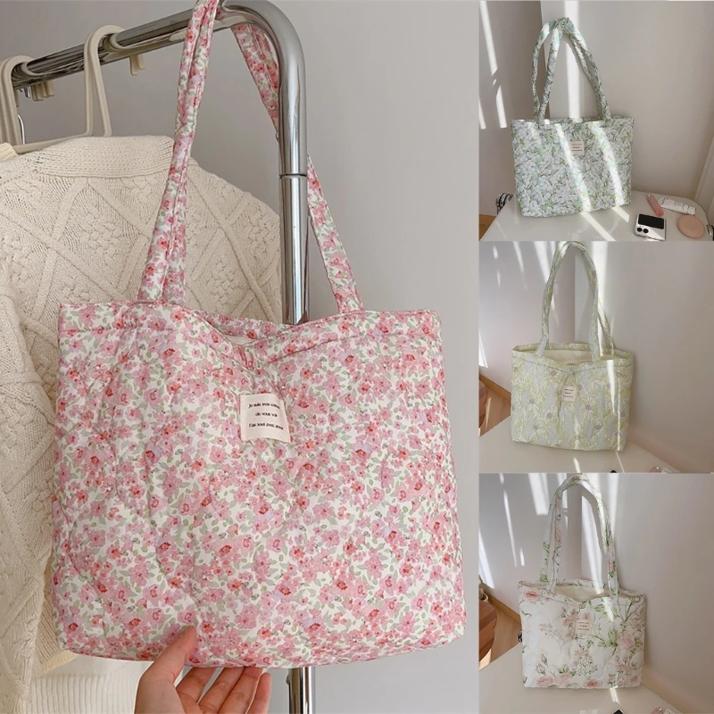 Сумка большой емкости из хлопка с цветочным принтом для женщин мягкой стеганой