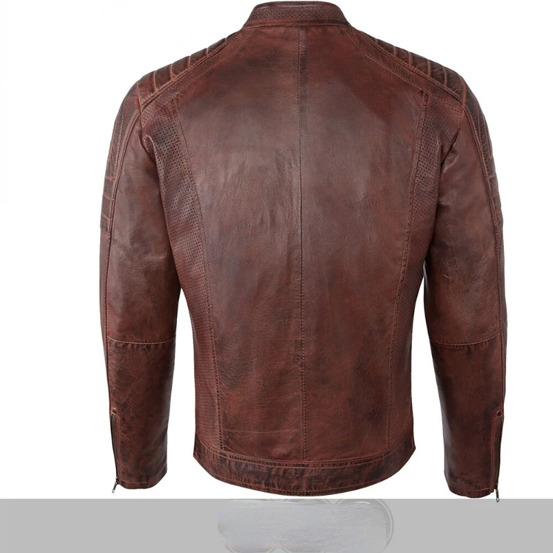 Men's Leather Jacket Retro Cafe Racer Brown Slim Real Bicycle Jacket European and American Fashion Trend