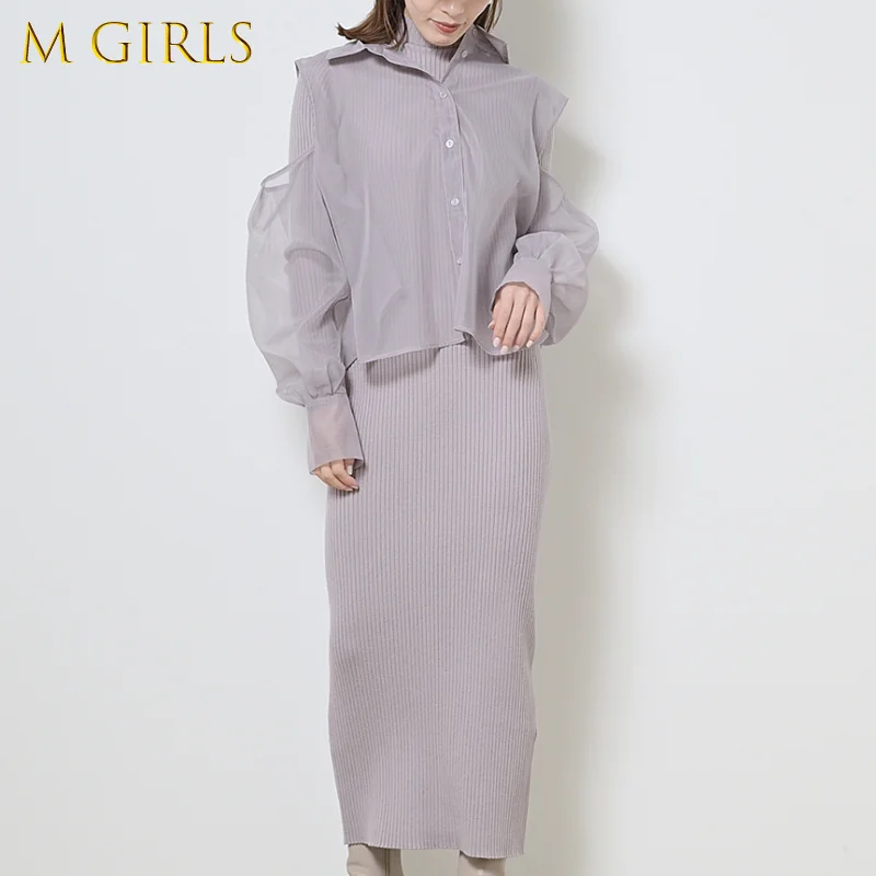 M GIRLS 2PCS Mock Neck Spring Slim Long Dresses Solid Slim Knit Dress + Sexy See Through Shirts Designed Off Shoulder Blouses