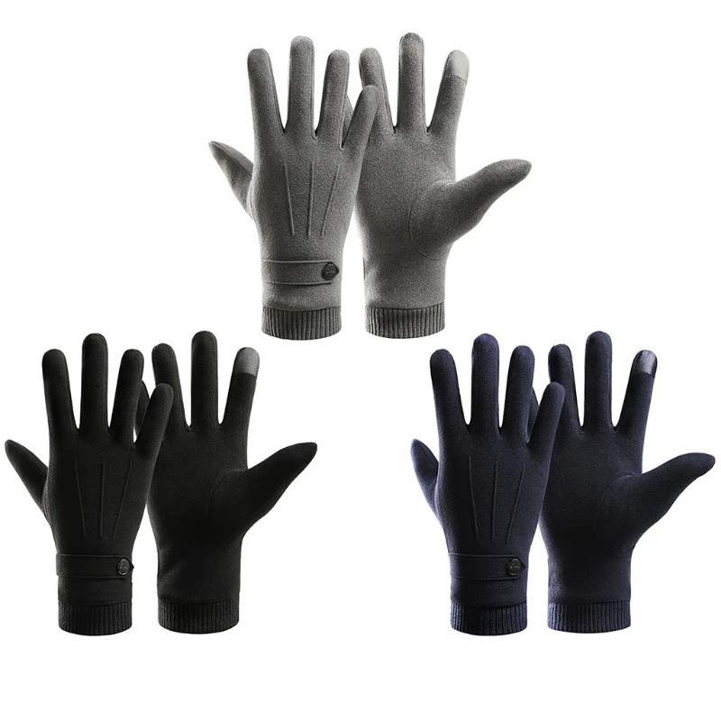 

L21E Men Winter Warm Touch Screen Faux Suede Gloves Thicken Plush Lining Elastic Knit Cuff Driving Cycling Texting Mittens