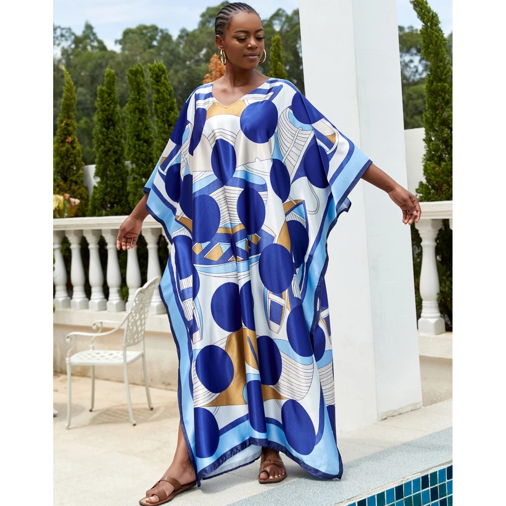 

Blue Print Maxi Dress Batwing Sleeve Tunic Summer Autumn Beach Dress Casual Plus Size Women Beachwear Kaftan Cover-ups