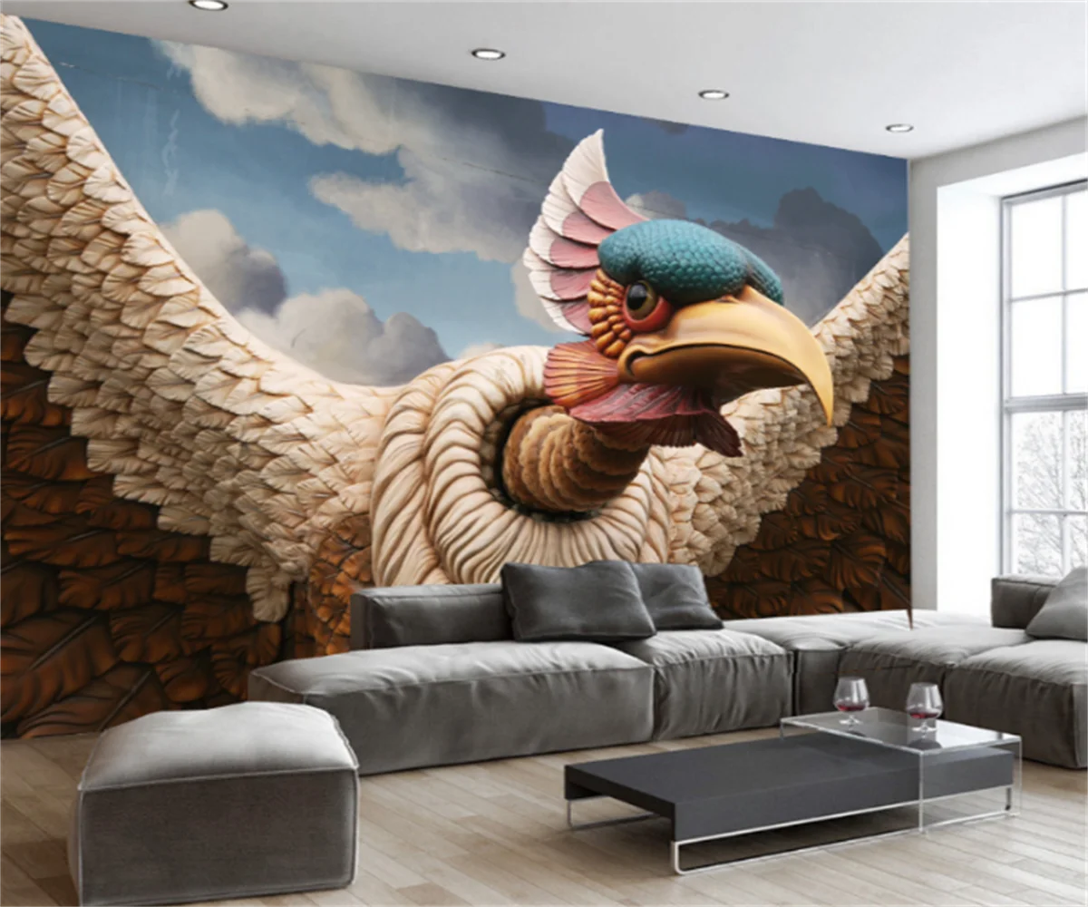 Nordic 3d relief eagle carving sky three-dimensional background wall painting custom 3D home decoration wallpaper stickers mural