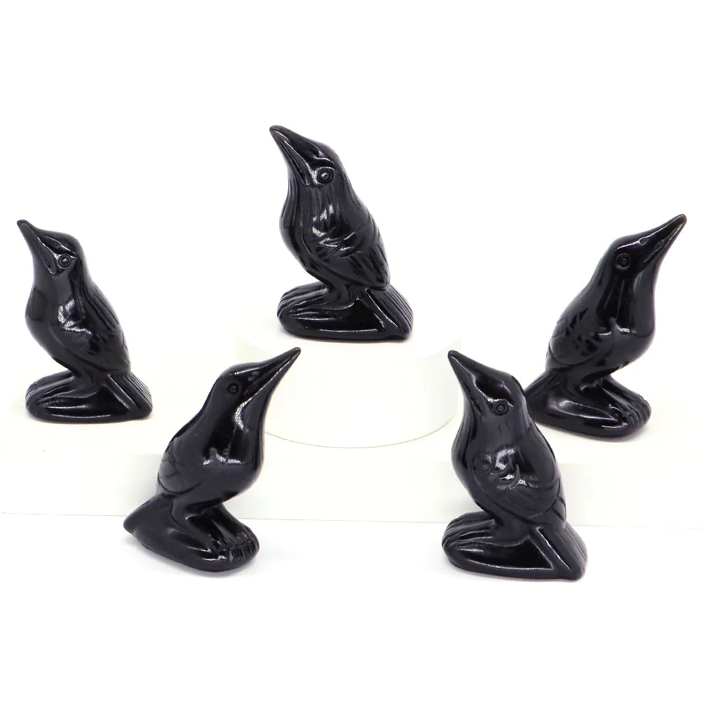 

2" Raven Statue Natural Stone Black Obsidian Reiki Crystal Healing Gem Carved Crow Figurine Crafts Home Decor Feng Shui Ornament