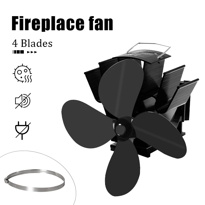 

Black fireplace 4 blades thermal power stove fan log burner ecological quiet family fireplace fan efficient heat distribution