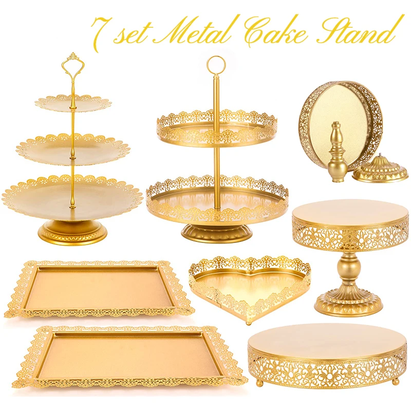 

7 Set Gold Cake Stand Metal Wedding Party Events Dessert Table Display Rack Plate Cupcake Holder Donut Candy Cake Serving Tray