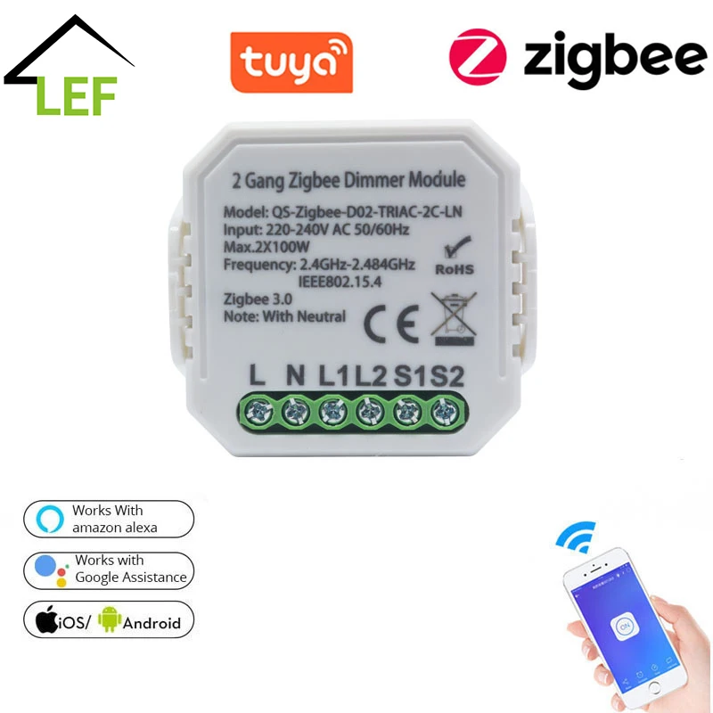 

Tuya ZigBee 3.0 Smart Dimmer Switch Module with Neutral 1 Gang Wireless Control Switch Relay Works Zigbee