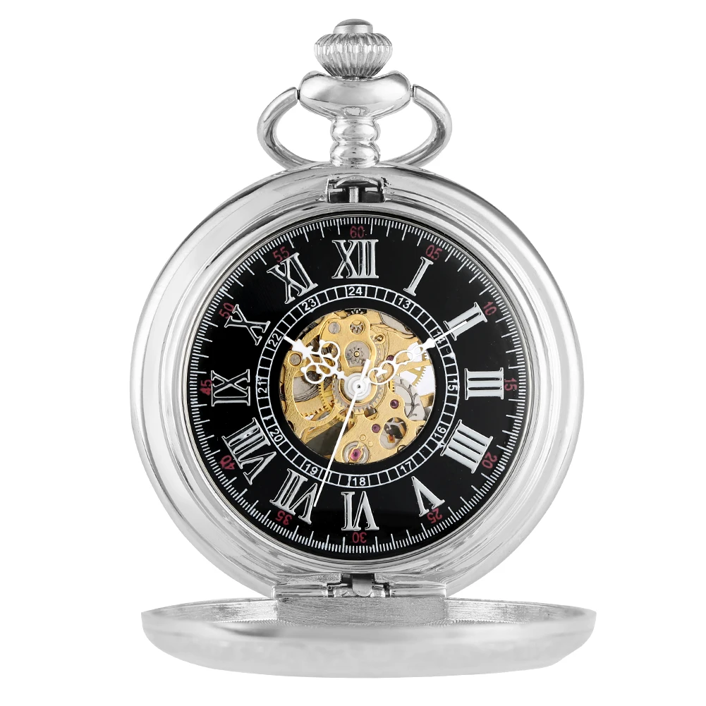 Silver Roman Numerals Dial Hand Winding Mechanical Pocket Watch Hollow Flower Display Elegant Vintage Fob Chain Manual Clock