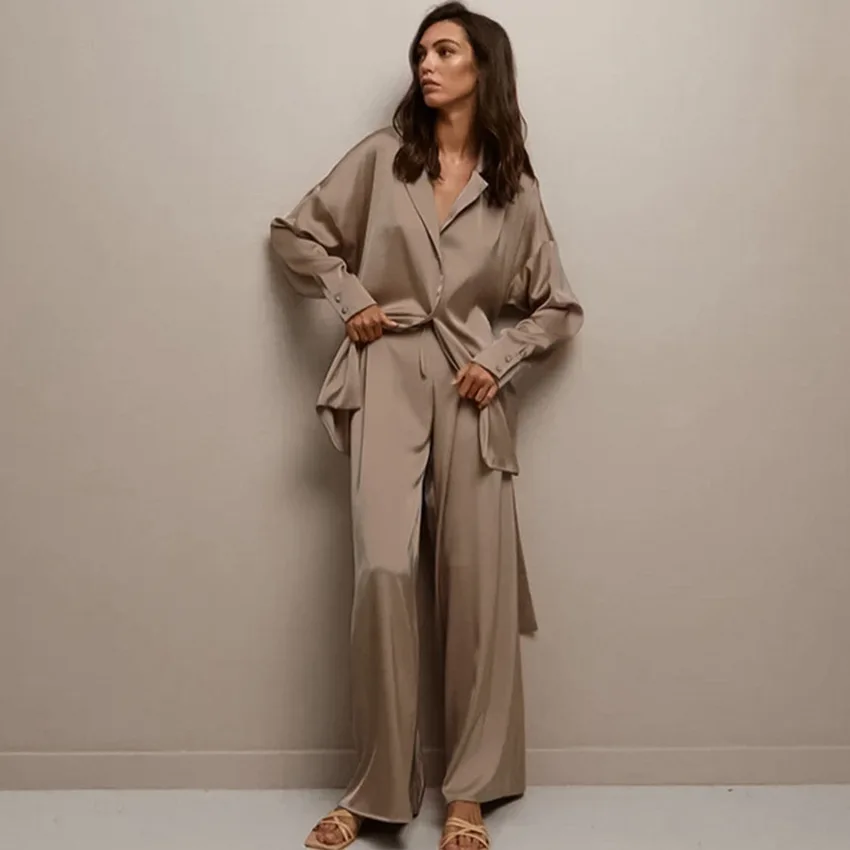 

Women Long Sleeve 2PCS Pajamas Suit Satin Casual With Pocket Home Clothing Turn-down Collar Sleep Set Pyjamas Nightwear