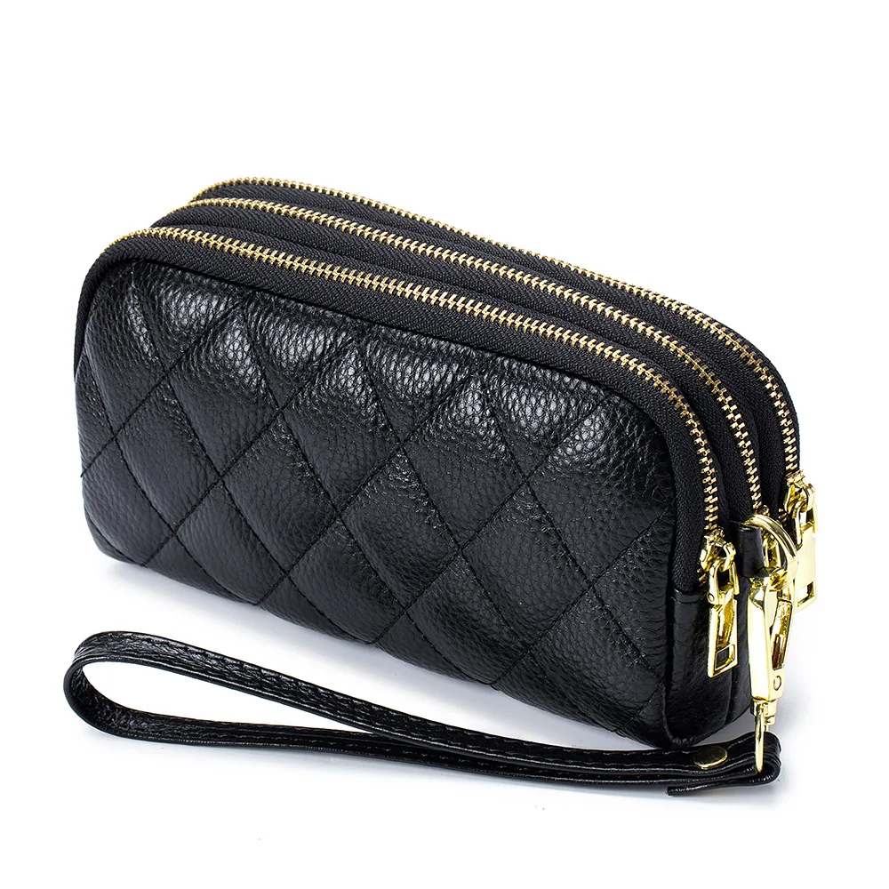 Women Clutch Genuine Leather Mobile Phone Bag Three-layer Wallet Credit Card Change Solid Purses Diamond Pattern Clutch Bag