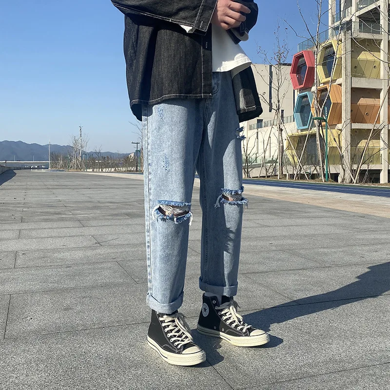 New Men's Ripped Jeans Ins Trend Solid Color Wide-leg Ripped Straight Nine-point Pants Fashion Streetwear Men джинсы для мужчин
