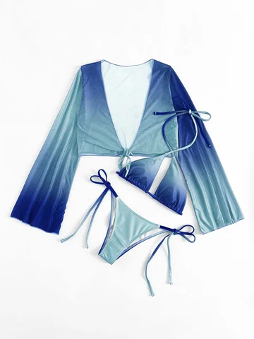 2023 3 Pieces Set Swimsuit Women Sexy Micro Bikini Long Sleeve Top Swimwear Vintage High Waist Solid Bathing Suit Beachwear