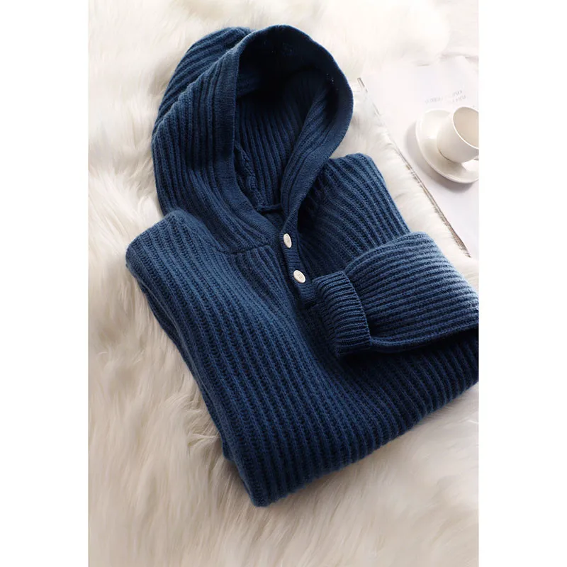 

Gusod Goat Cashmere Sweater Navy Blue Hooded Loose Sweater Female Pullovers Goat Cashmere Basic Knitting Shirt New